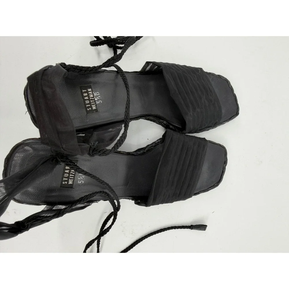 Stuart Weitzman Black Espadrille Wedge Sandals Pleated Ankle Tie Square Toe 5.5B